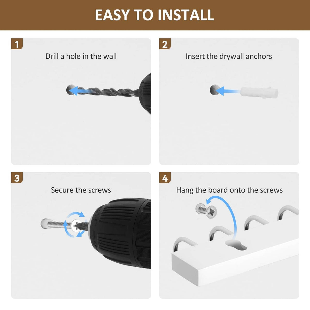 Wall mount installation guide showing screws, anchors, and hanging hooks on board