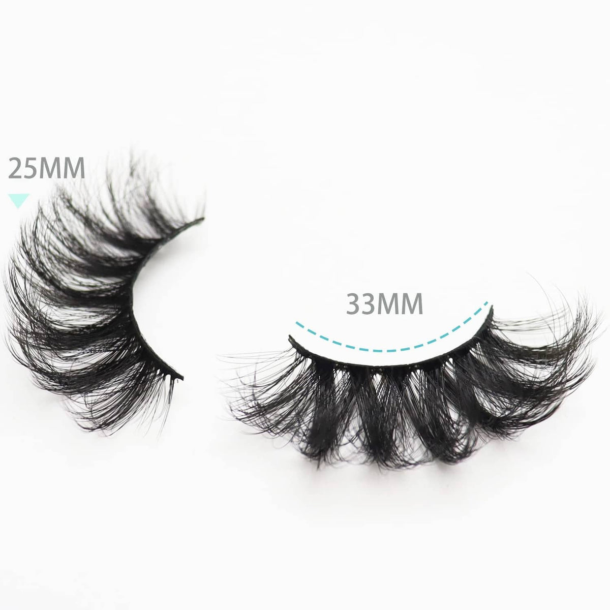 Pair of black wispy false eyelashes laid side by side, labeled 25MM and 33MM.
