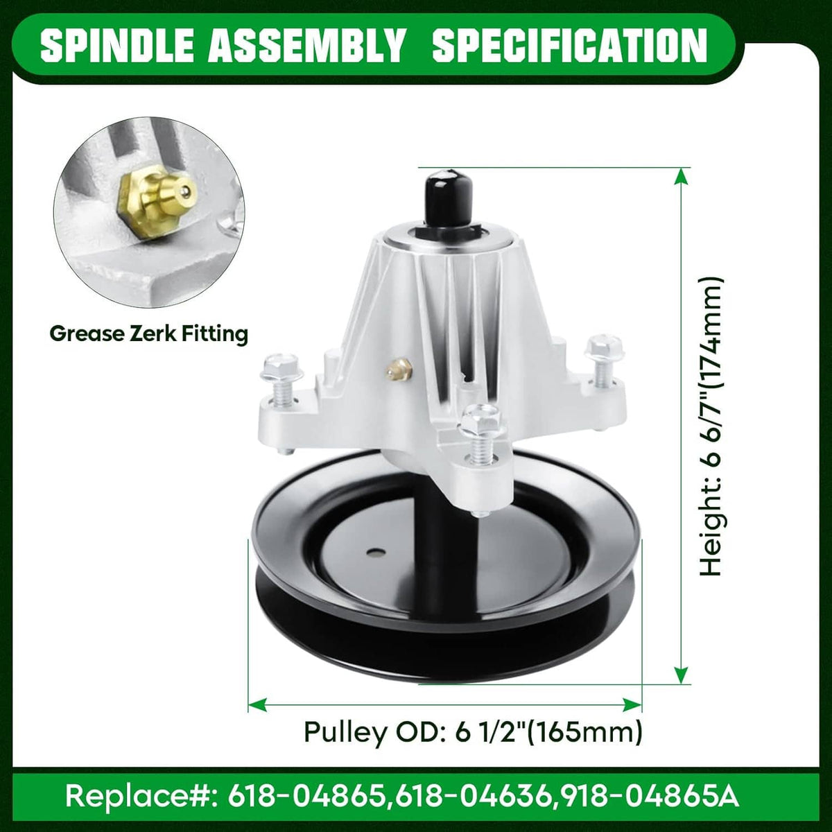 Deck spindle assembly with pulley and grease fitting, shown with size label