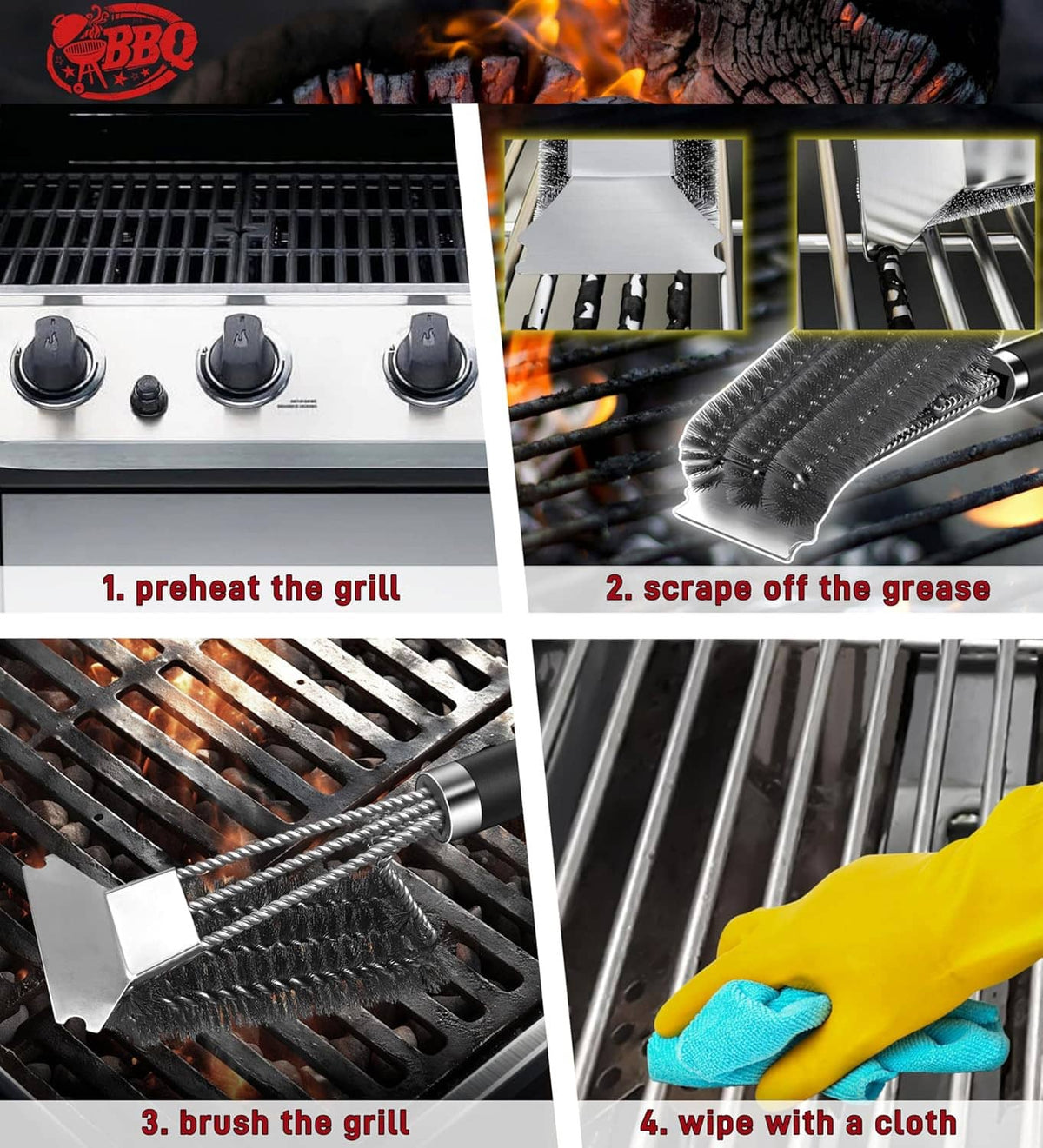 Grill brush scrubbing a BBQ grate with wire bristles and scraper head