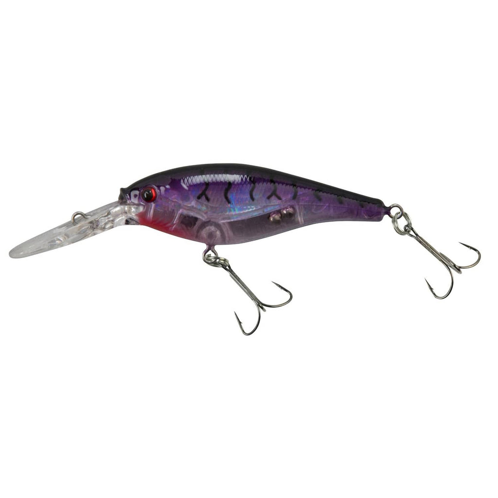 Berkley Flicker Shad crankbait, purple tiger pattern with clear lip and three treble hooks