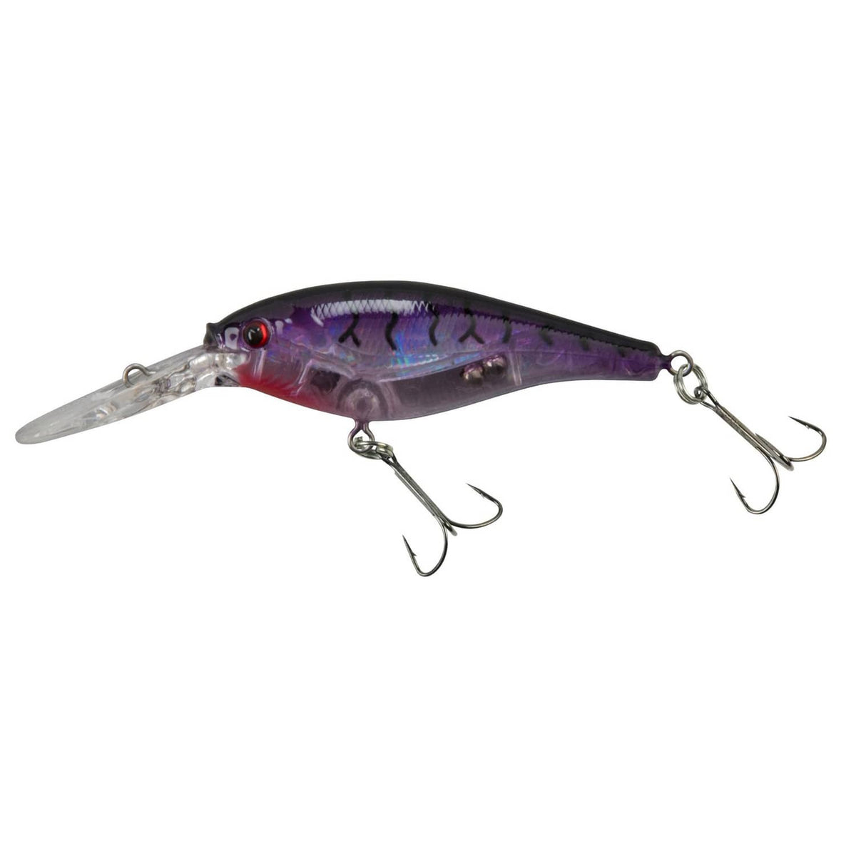 Berkley Flicker Shad crankbait, purple tiger pattern with clear lip and three treble hooks