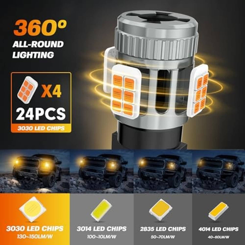 LED turn signal bulb with four amber SMD chips on the front