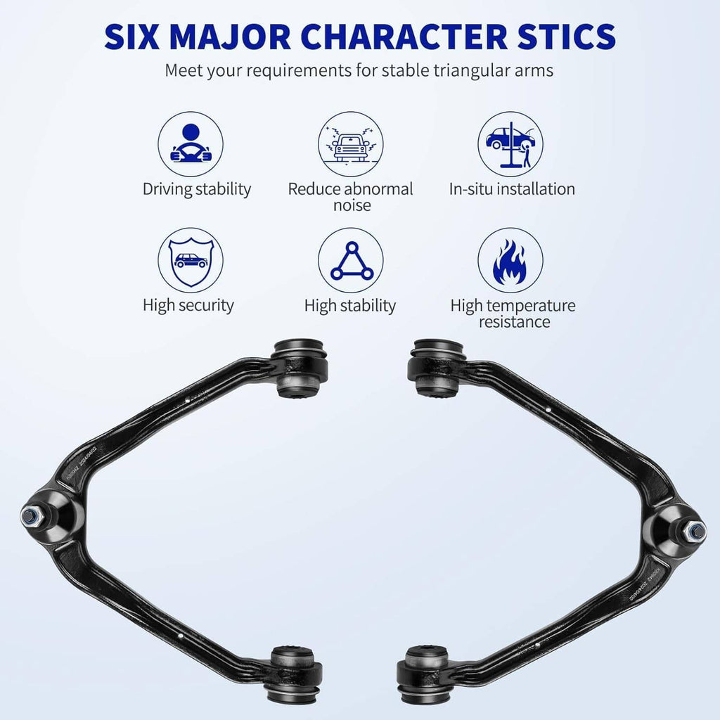 Pair of black front control arms with ball joint ends and bushings, for suspension