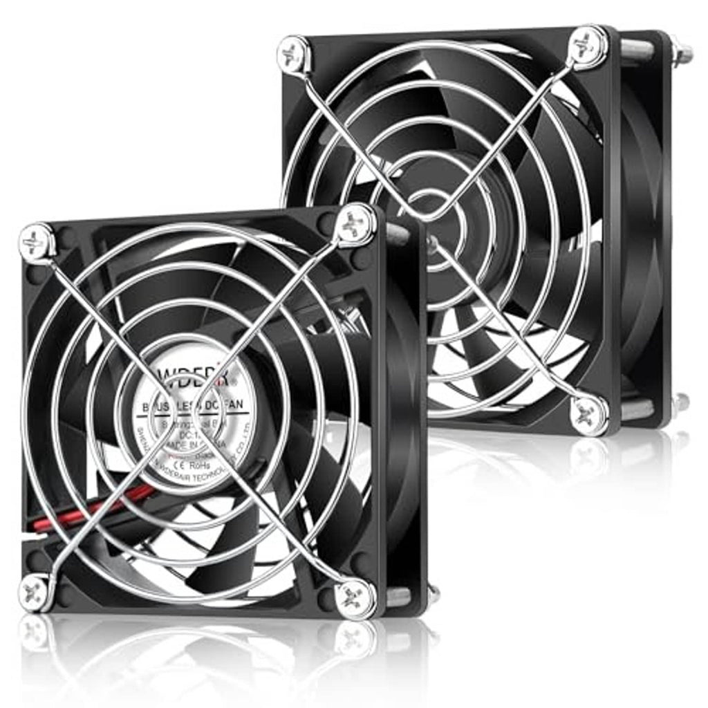 Two black square DC brushless cooling fans with visible blades and mounting screws