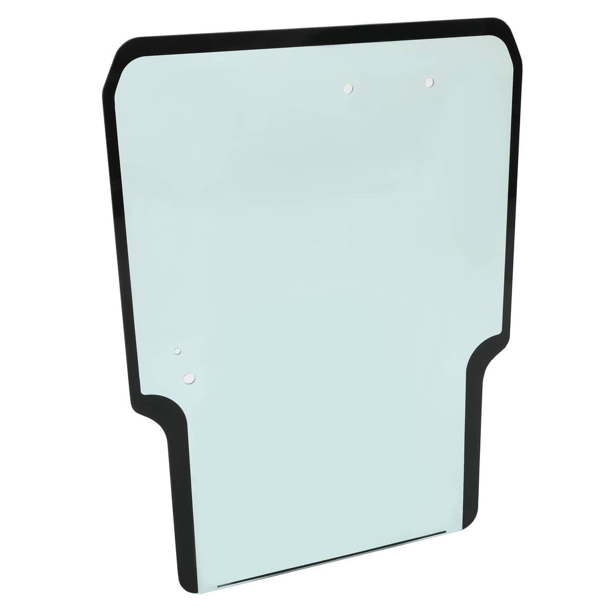 Front door window glass with black frame, light blue tinted panel and two mounting holes