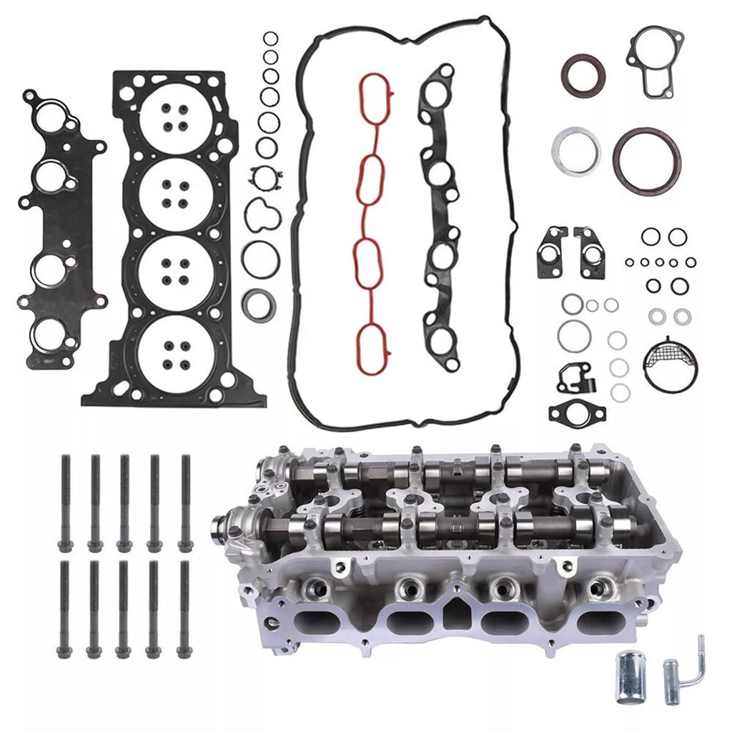 Cylinder head gasket kit with assembled cylinder head, gaskets, and hardware in exploded view