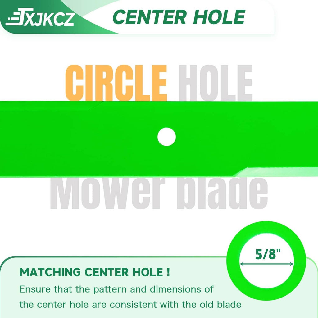 Green mower blade with center hole; 5/8 in diameter.