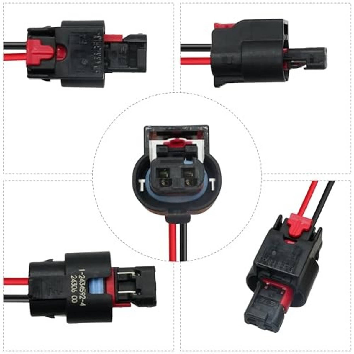 Ignition coil pigtail connector harness with black plastic housing and red/black lead wires