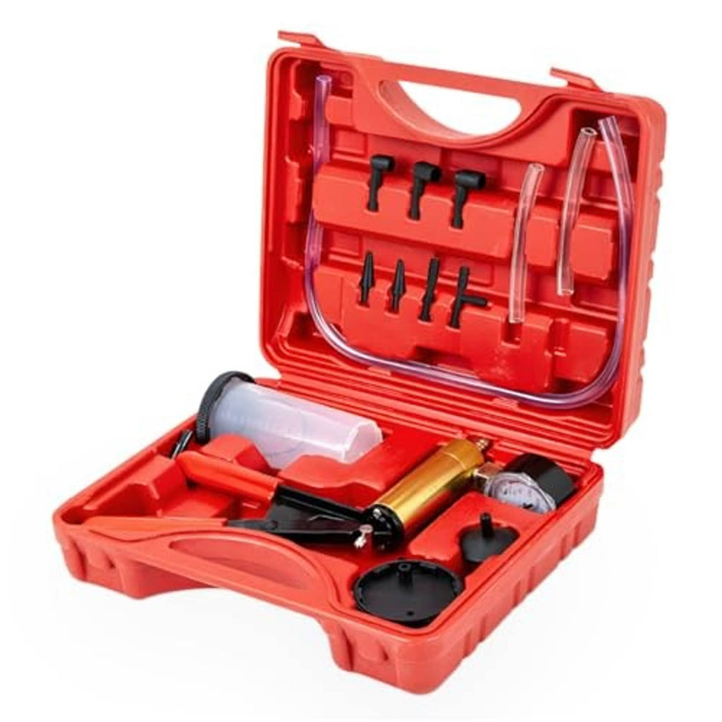 Open red brake bleeder kit case with hand vacuum pump, gauge, and adapter fittings.