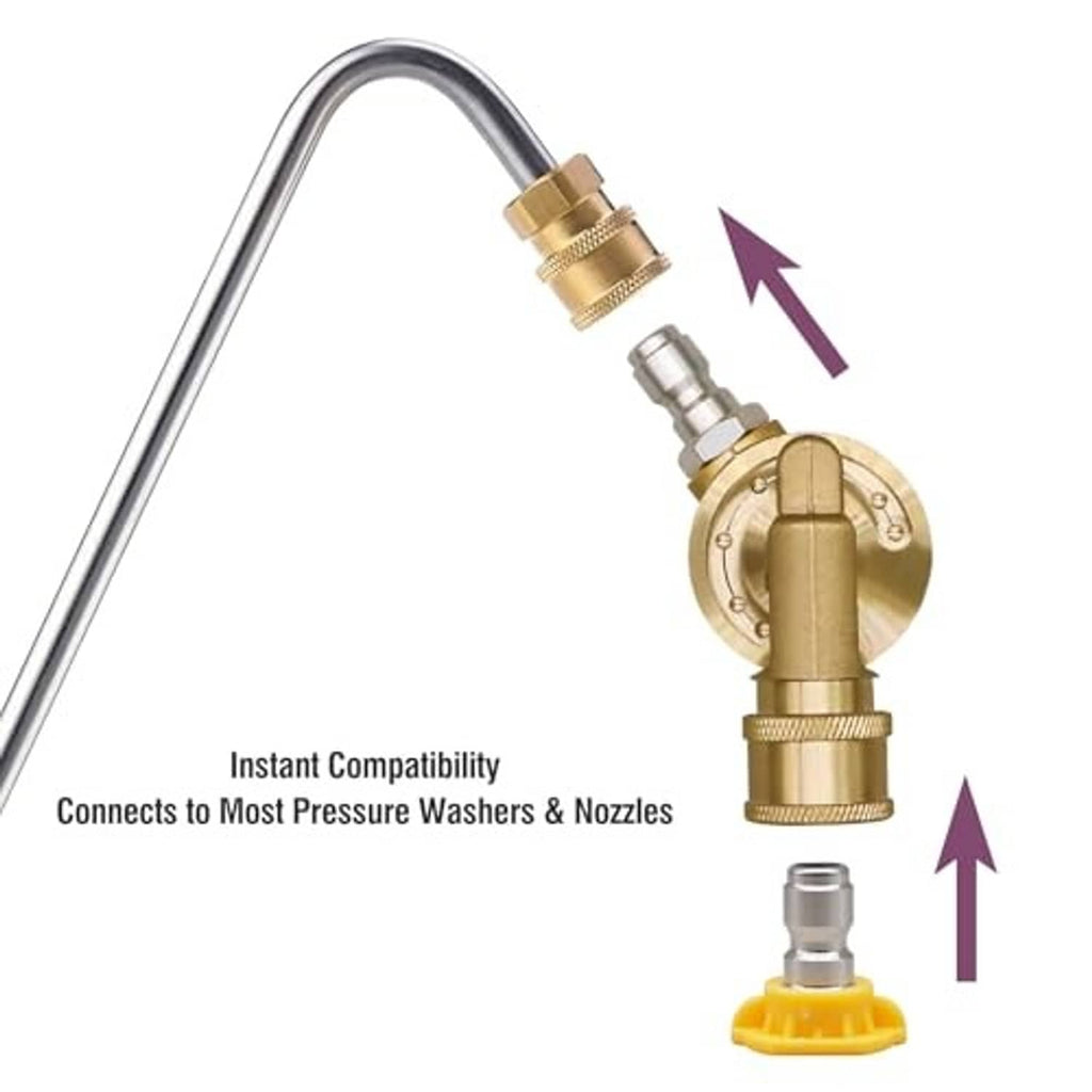 Pivoting quick-connect coupler with curved hose inlet, brass fitting, and yellow base adapter