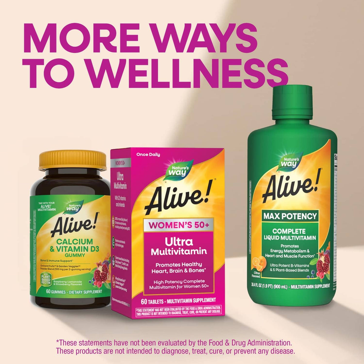 Three Nature's Way Alive! multivitamin bottles: calcium & D, women’s ultra, max potency.