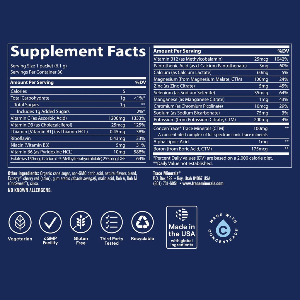 Supplement Facts label on electrolyte powder container, blue and white