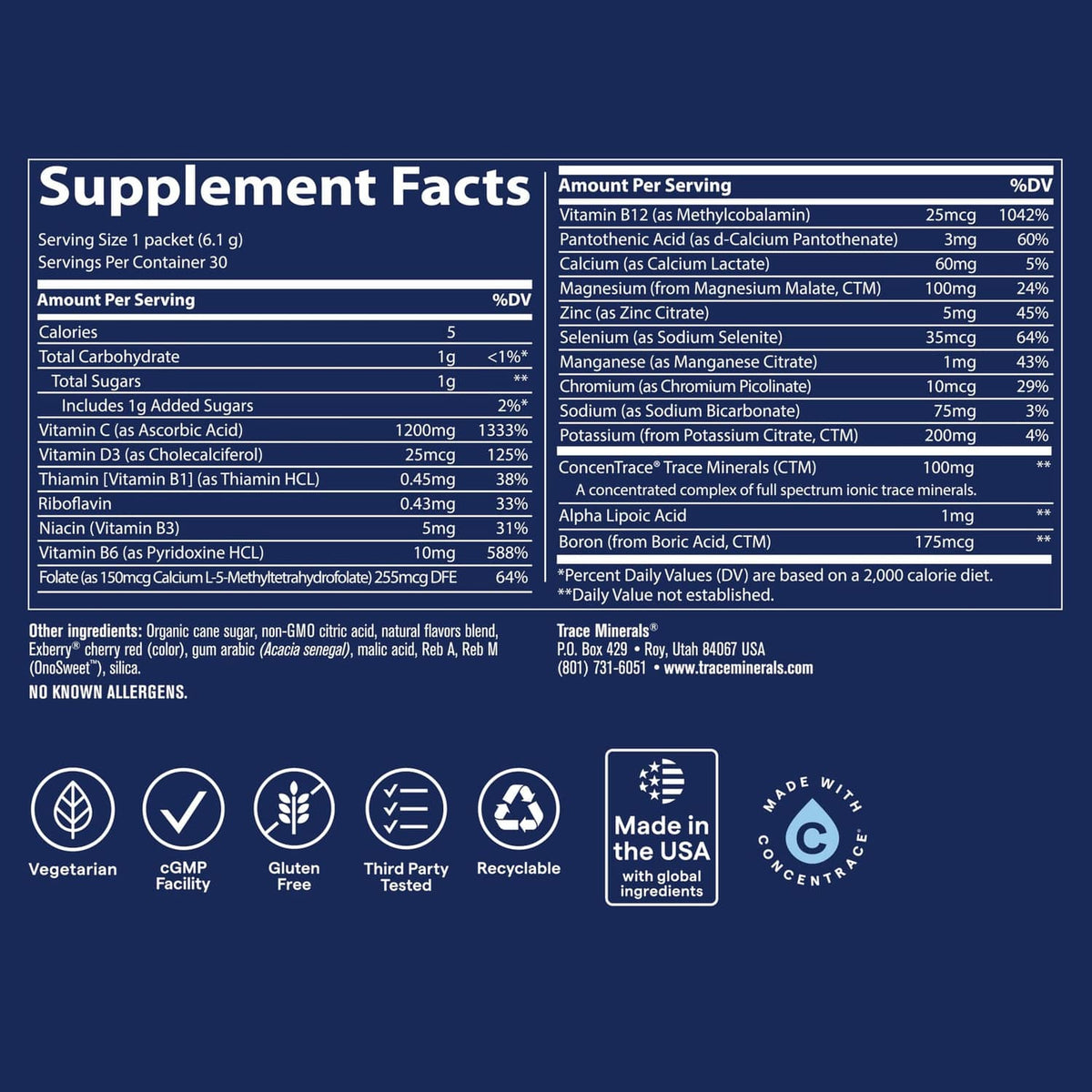 Supplement Facts label on electrolyte powder container, blue and white