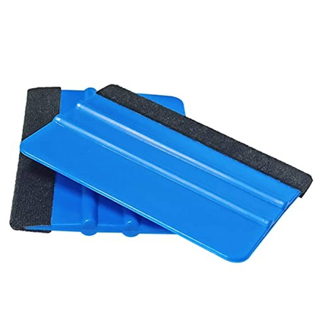Blue plastic squeegee with long straight smoothing surface and black felt pads