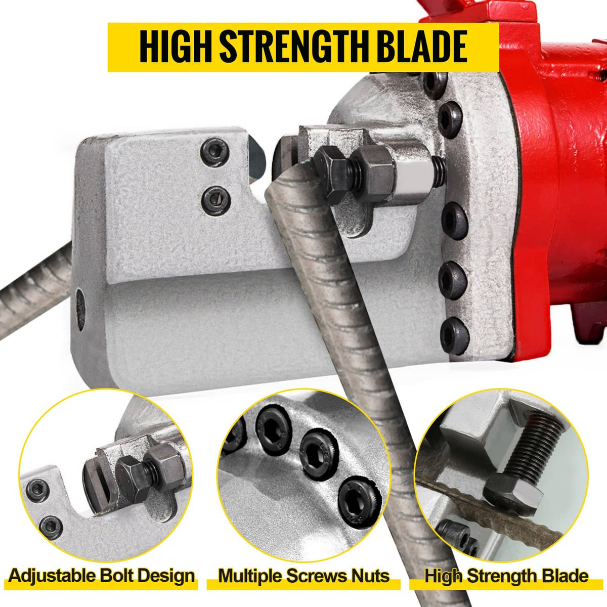 Rebar cutter blade housing with adjustable bolts, screws, and gray cutting plate