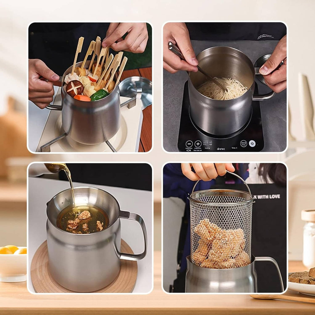 Stainless deep fryer pot with handles and wire basket in use at a kitchen stove