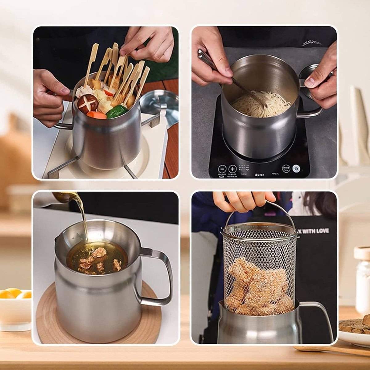 Stainless deep fryer pot with handles and wire basket in use at a kitchen stove