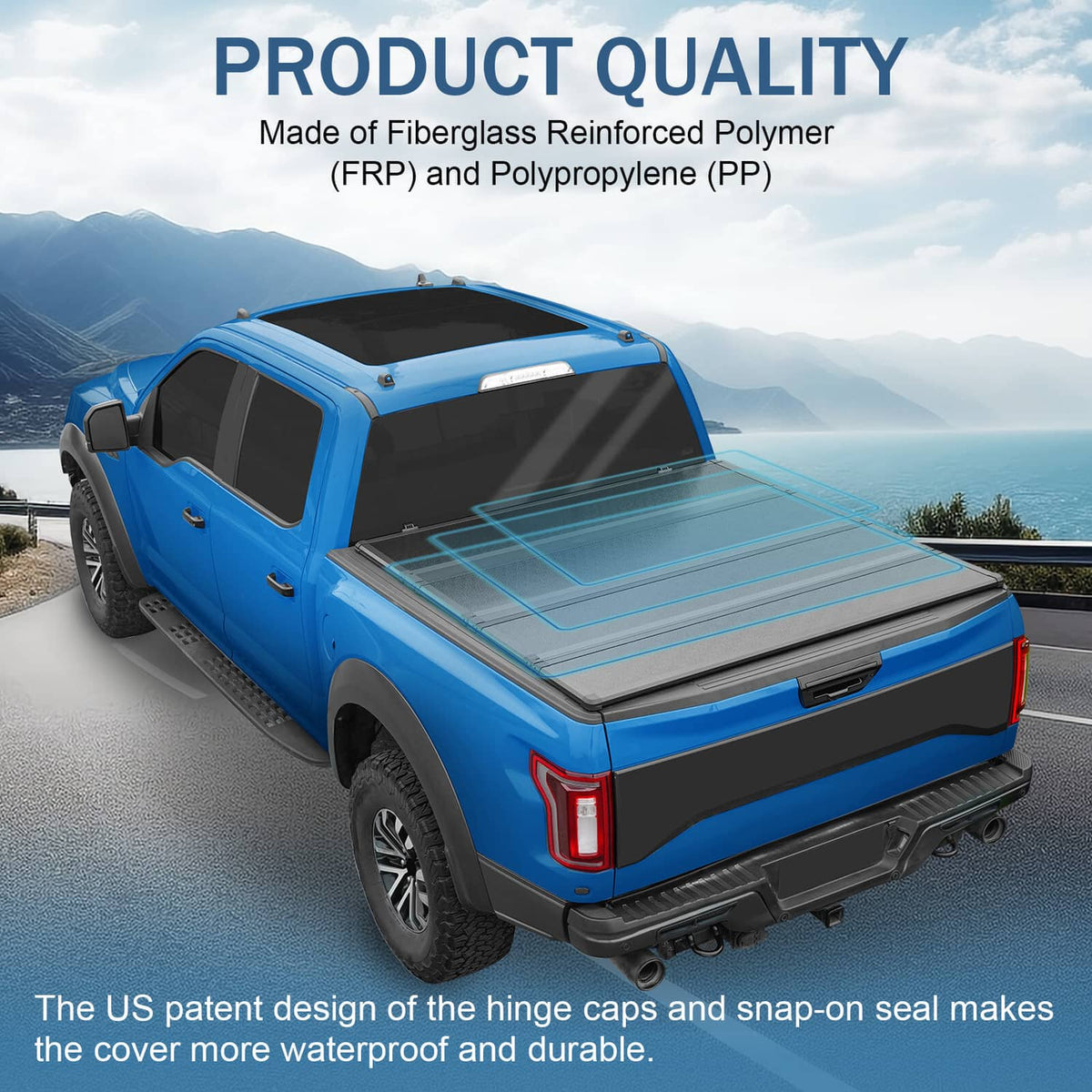 Hard tri-fold tonneau cover on pickup bed with textured gray lid and black hinge area
