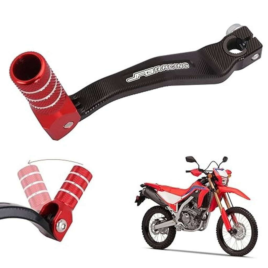 CNC motorcycle shift lever folding tip, red grip with white stripes, black textured lever