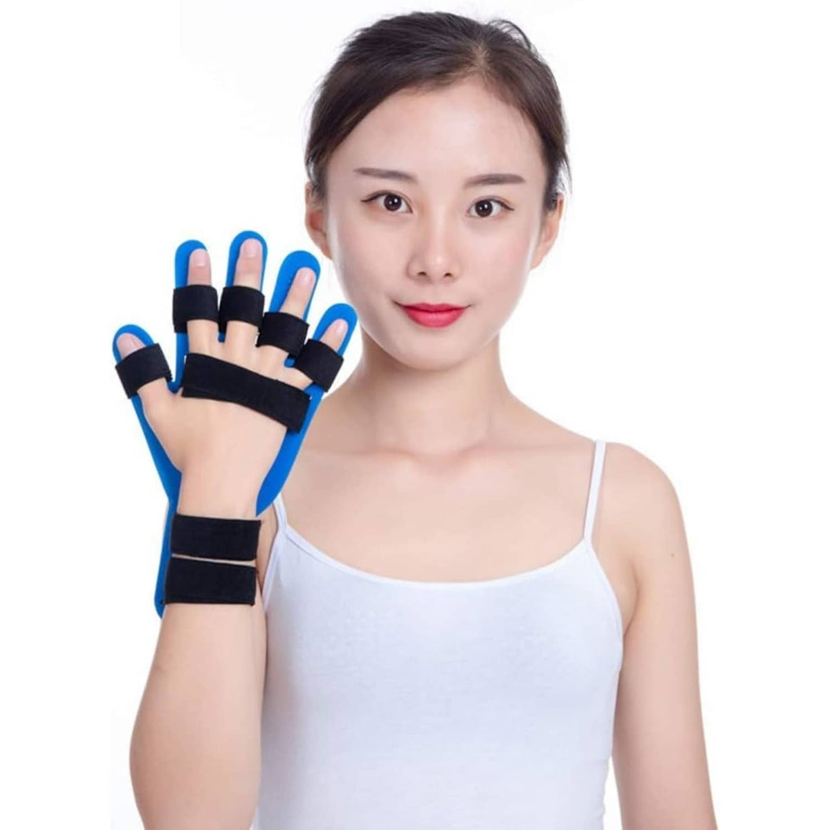 Blue resting hand finger splint with black adjustable straps, worn on left hand