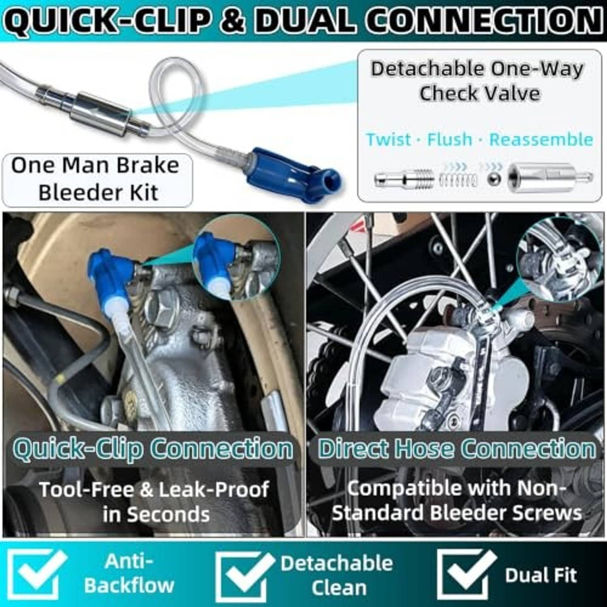 One-man brake bleeder kit with dual connection quick-clip adapter and clear hose