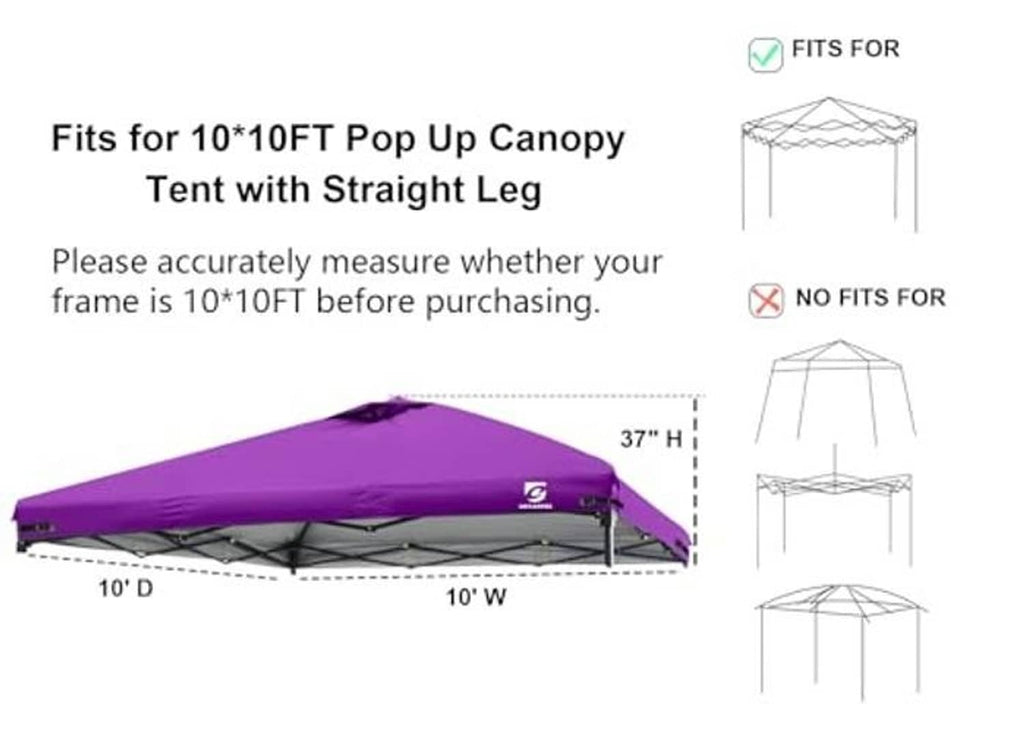 Purple canopy top cover with air vent, shown with size and fit diagram