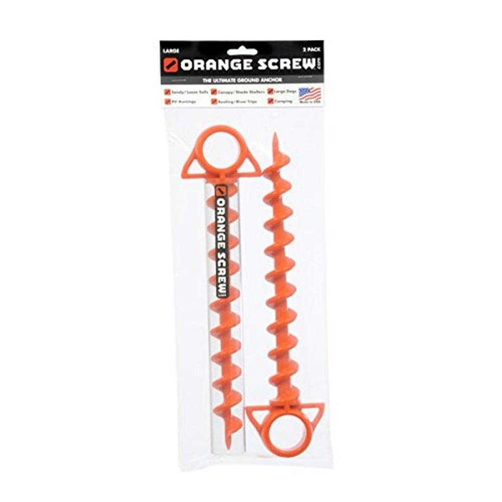 Orange ground anchor screw stakes in retail bag, 2-pack