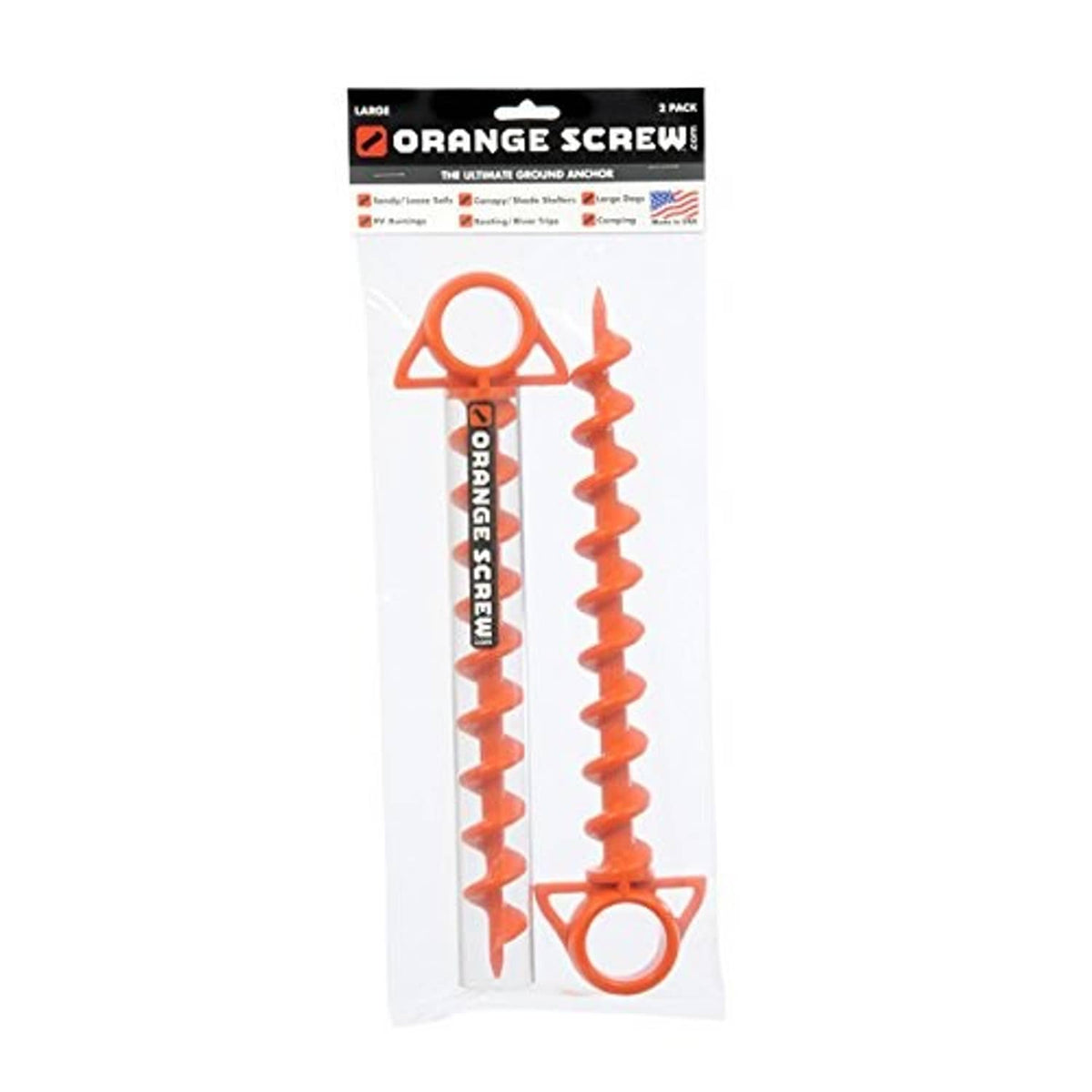 Orange ground anchor screw stakes in retail bag, 2-pack