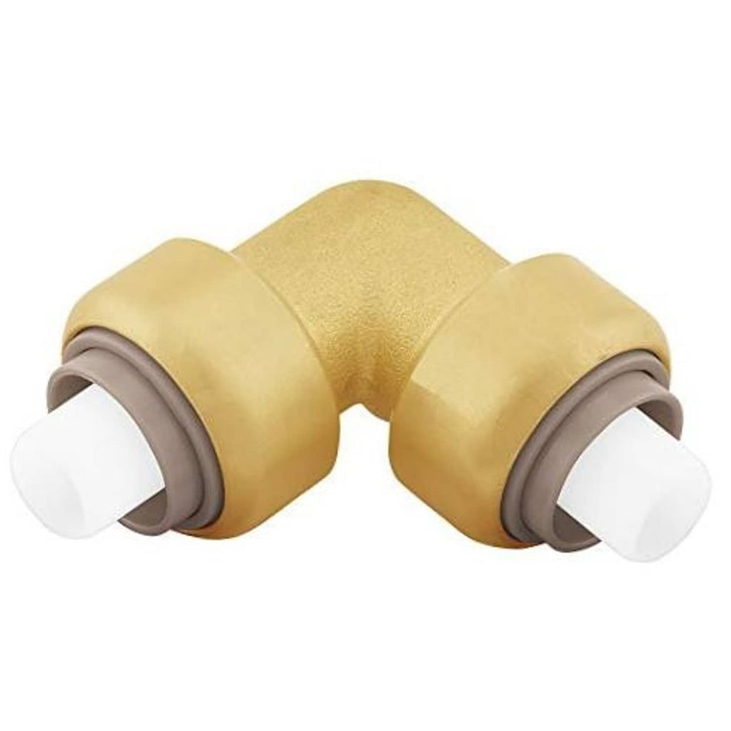 90-degree push-on elbow connector in gold/yellow with white insert ends