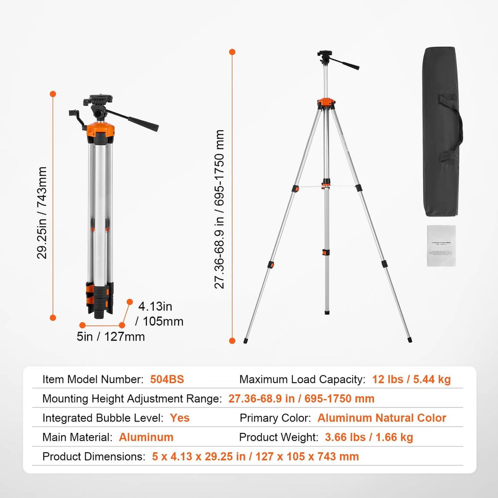 Laser level tripod with orange top and three silver legs, plus black carry case