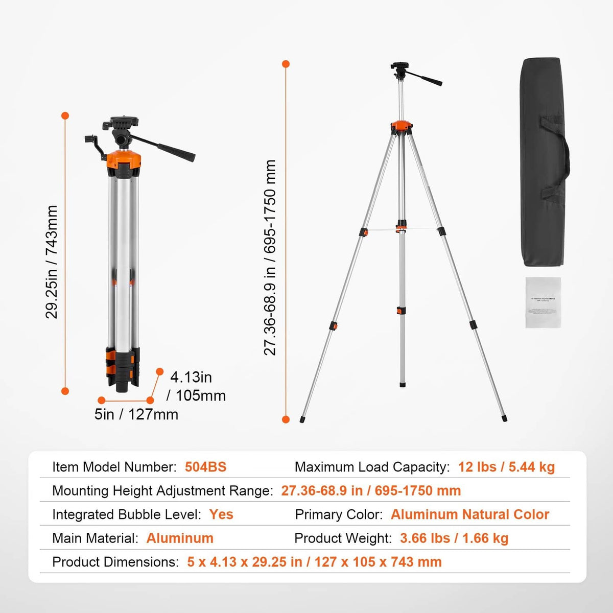 Laser level tripod with orange top and three silver legs, plus black carry case