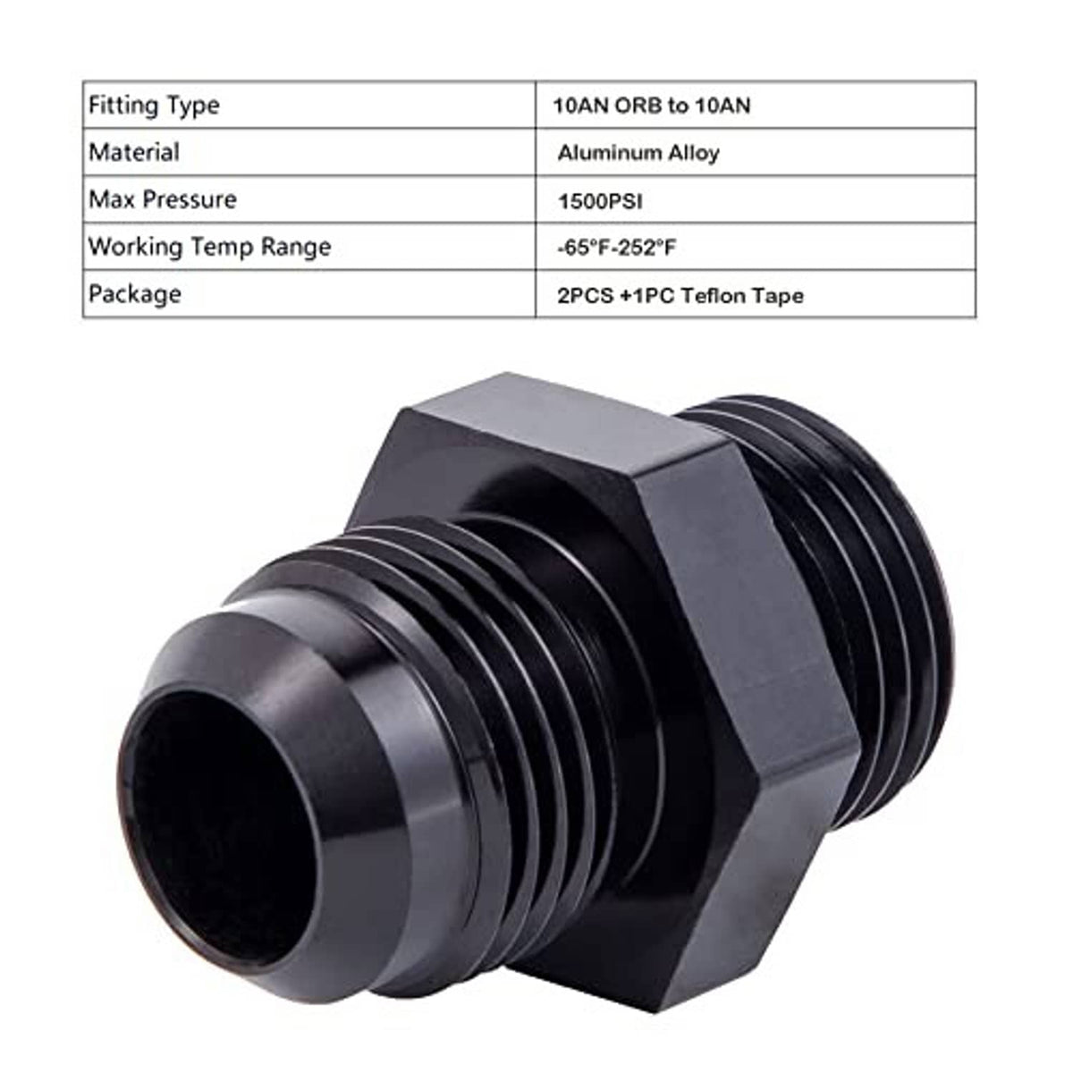Black threaded AN male flare fitting adapter with hex collar