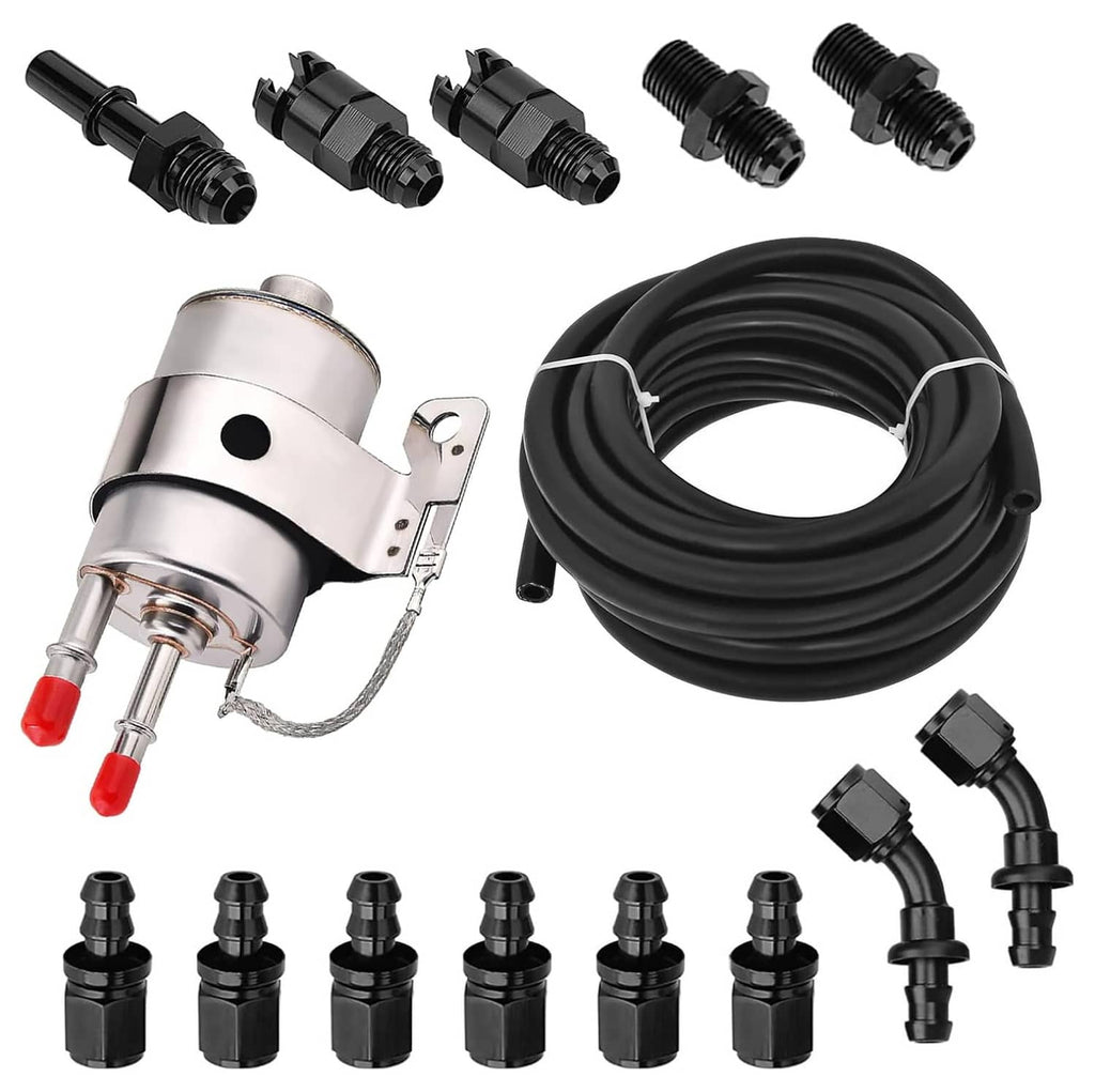 Fuel injection adapter kit: pressure regulator, fuel filter, AN fittings, black fuel hose