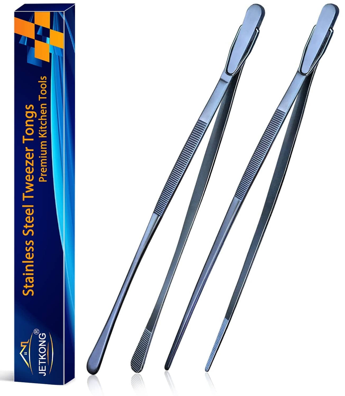 Navy stainless steel cooking tweezer tongs, long slim tips for serving food, 2-pack