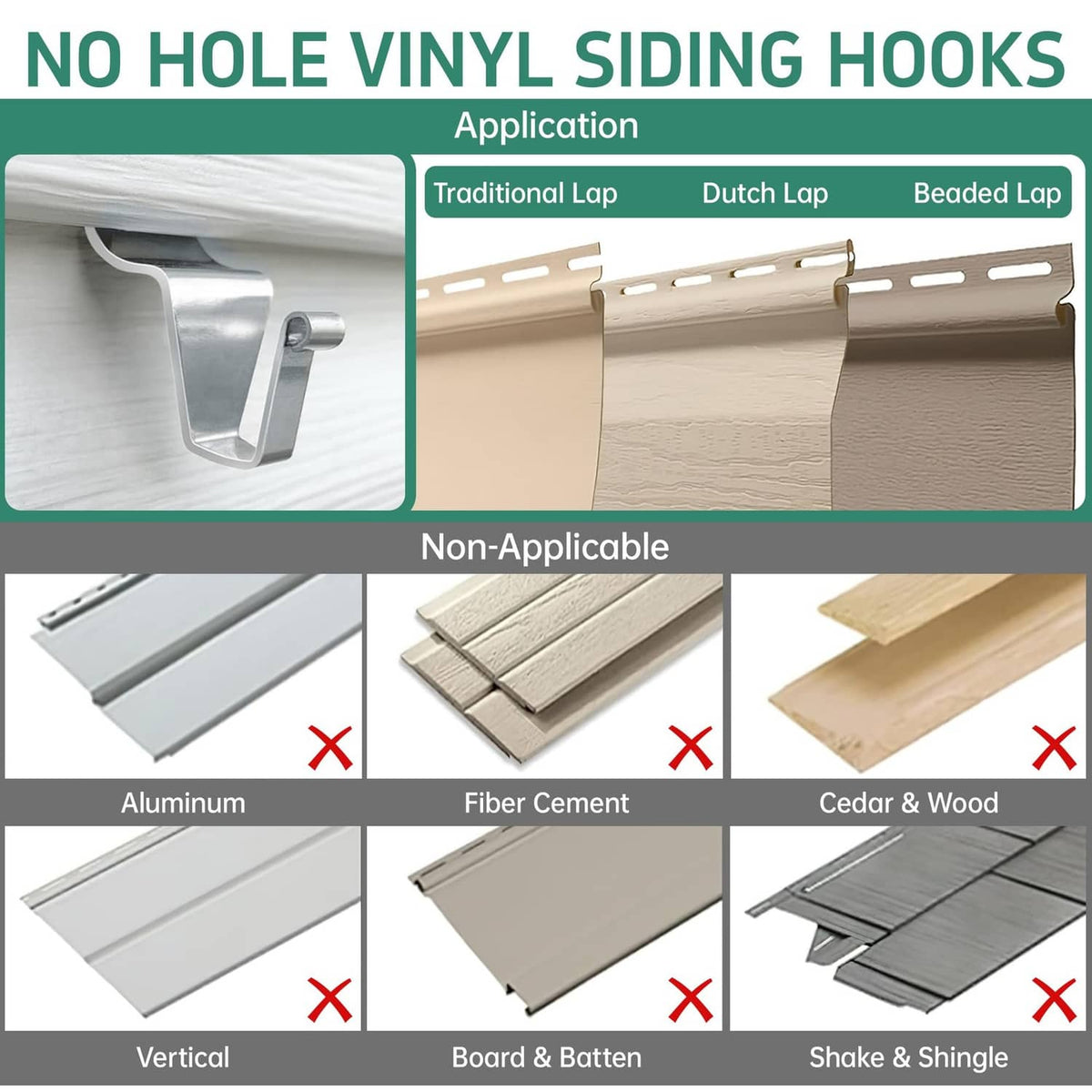 No-hole vinyl siding hooks with side latch for lap siding, silver metal