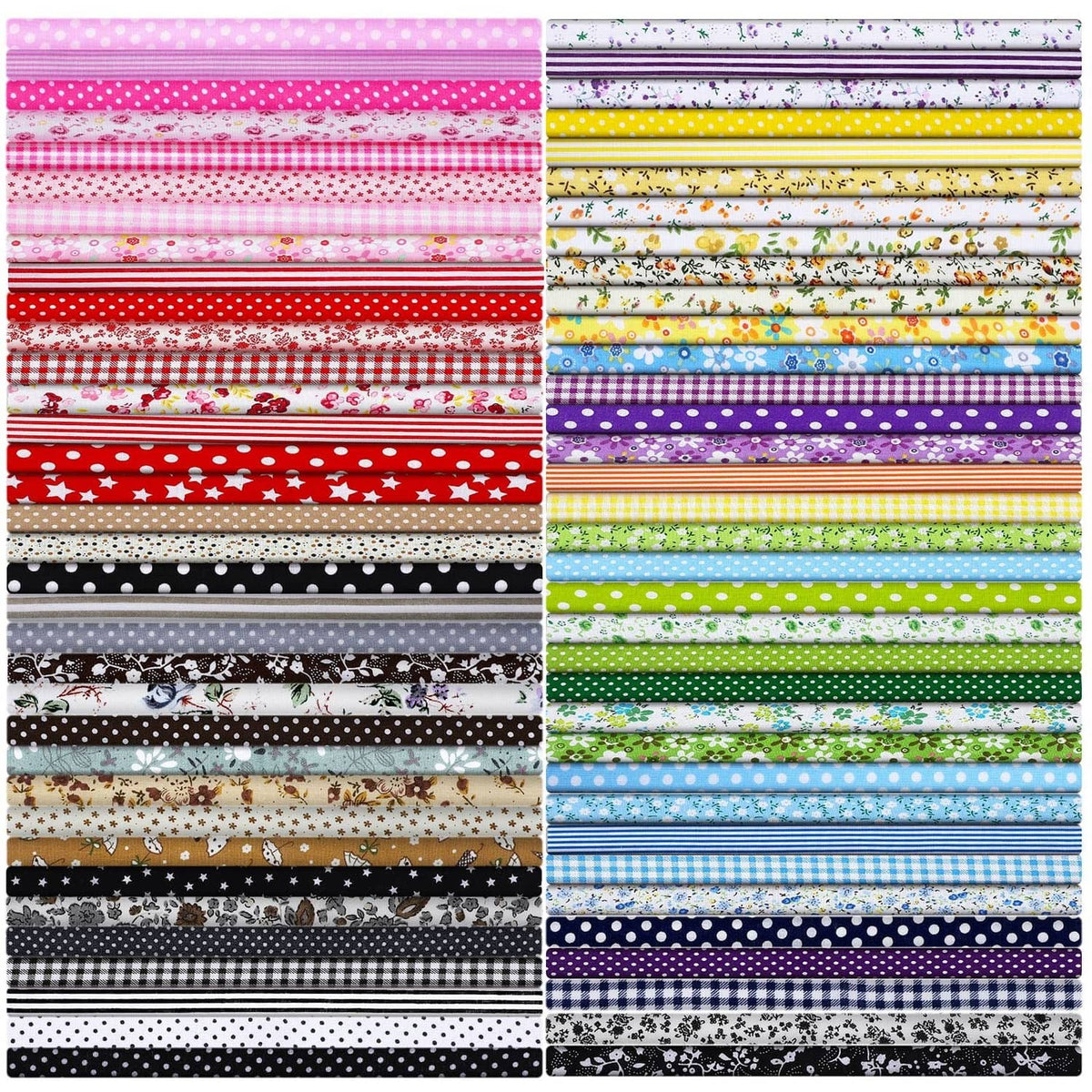 Set of multicolor cotton quilting squares with varied small prints and stripes
