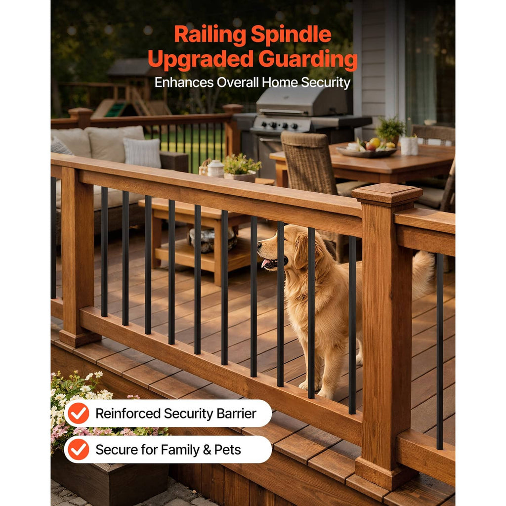 Black deck railing balusters in a square-spindle fence with a wooden handrail