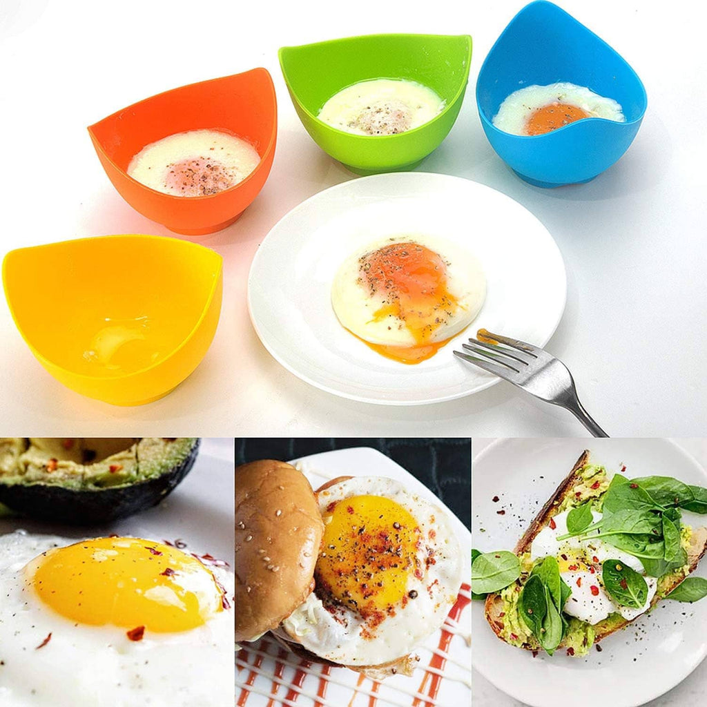 Assorted colorful silicone egg poacher cups with a cooked poached egg on a plate
