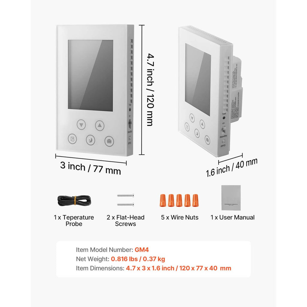 White programmable thermostat size diagram with included parts: wire nuts, probe, screws