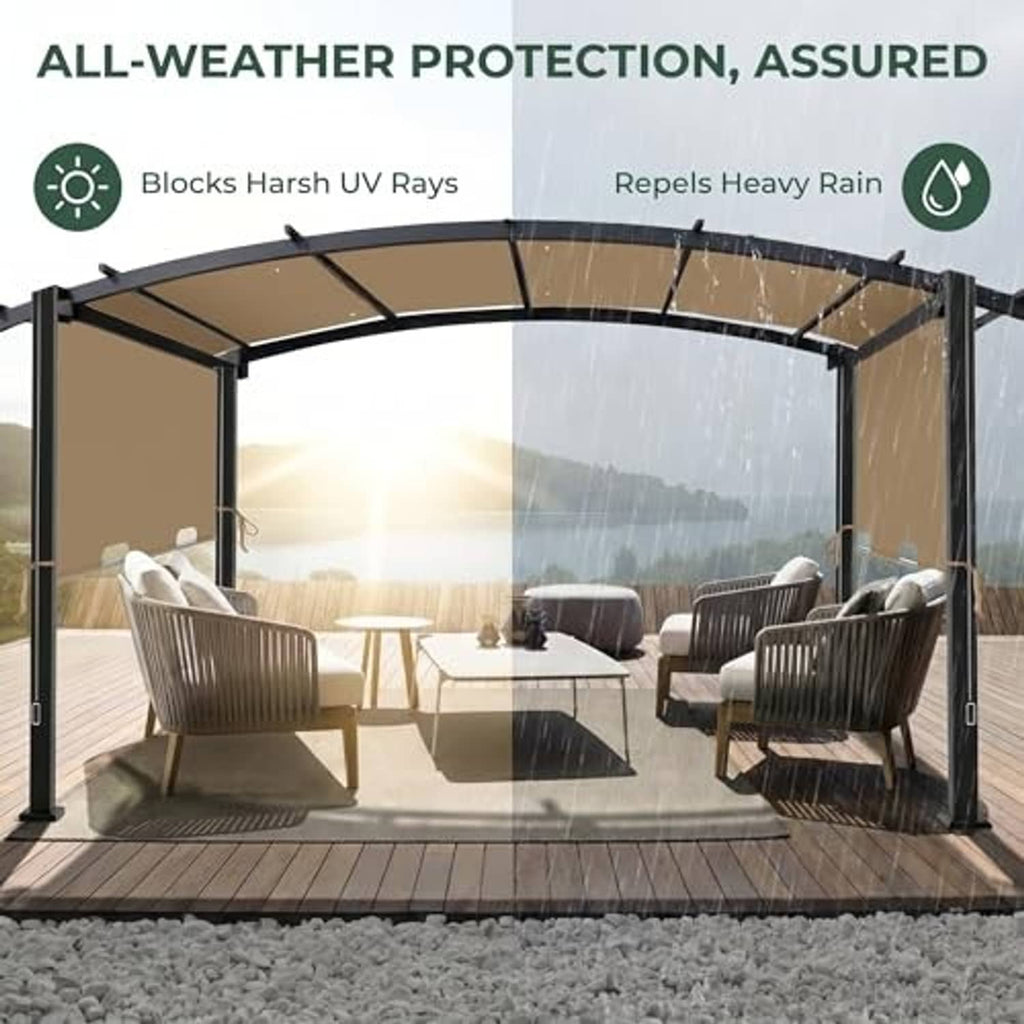 Beige pergola replacement cover with black frame and clear side panels for weather