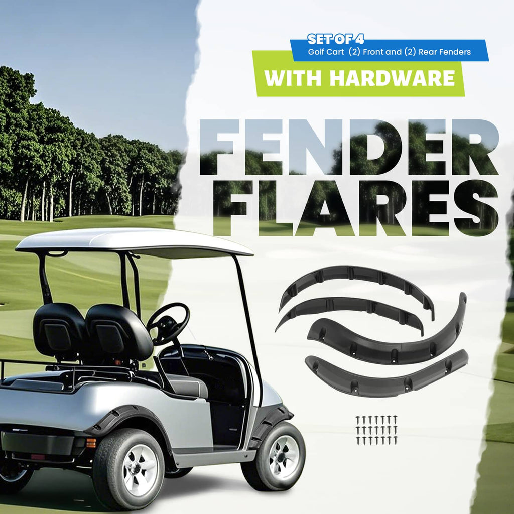 4-piece set of black golf cart fender flares with hardware, shown with curved coverage.