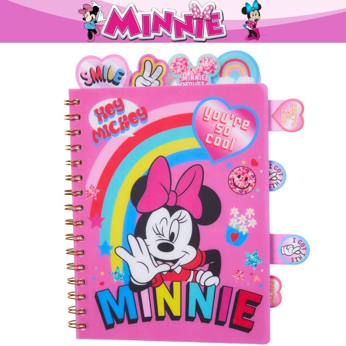 Pink Minnie Mouse spiral notebook with rainbow heart badge and decorative graphics