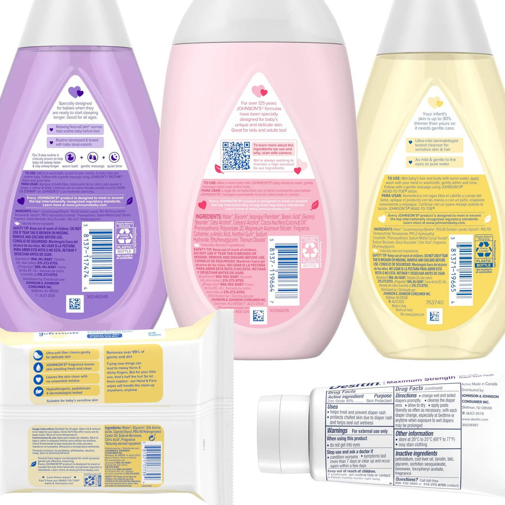 Back label close-up of purple, pink, and yellow bottles with wipes and tube