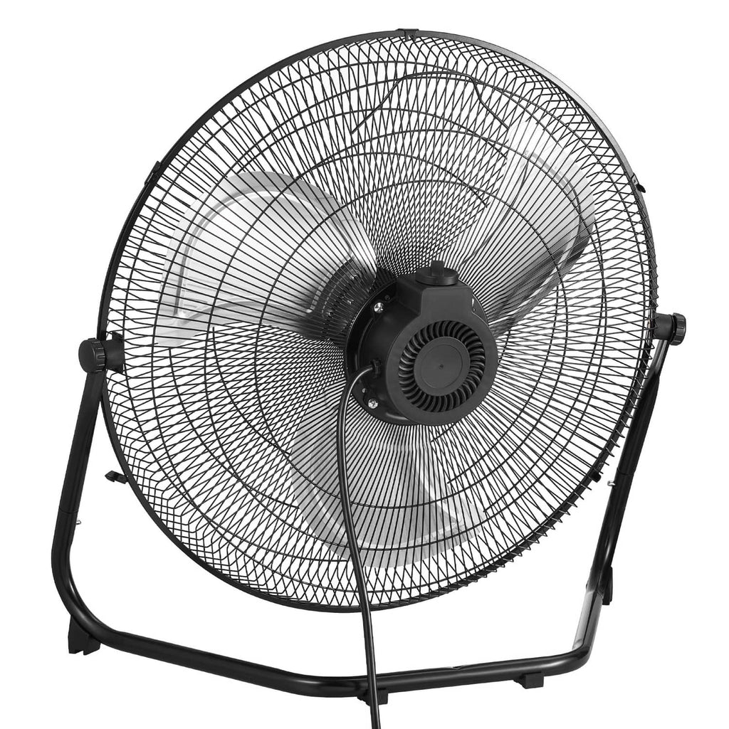Front view of black floor fan with metal wire grille and 3-blade propeller
