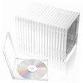Clear plastic CD jewel case with single-disc tray, hinged cover, open view