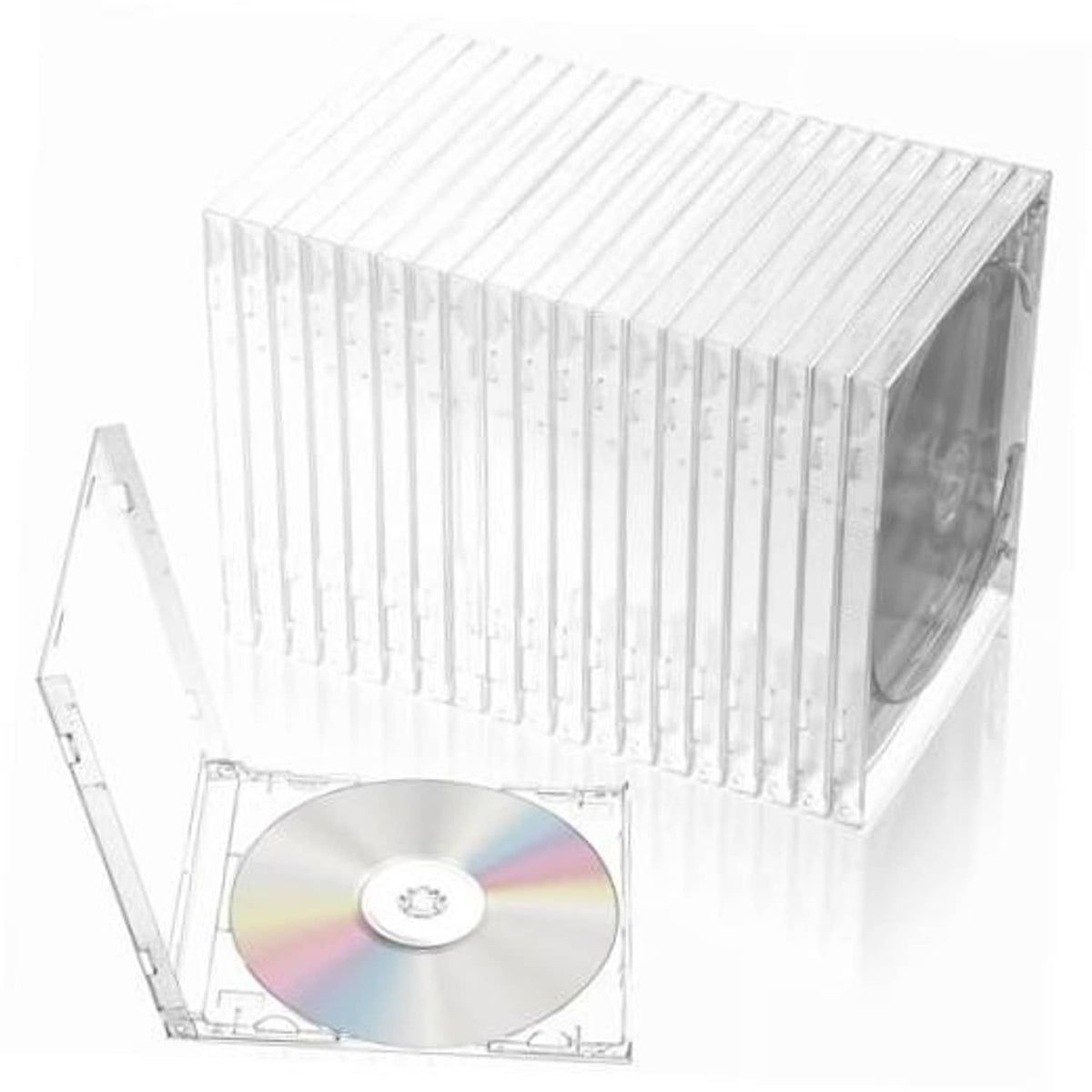 Clear plastic CD jewel case with single-disc tray, hinged cover, open view