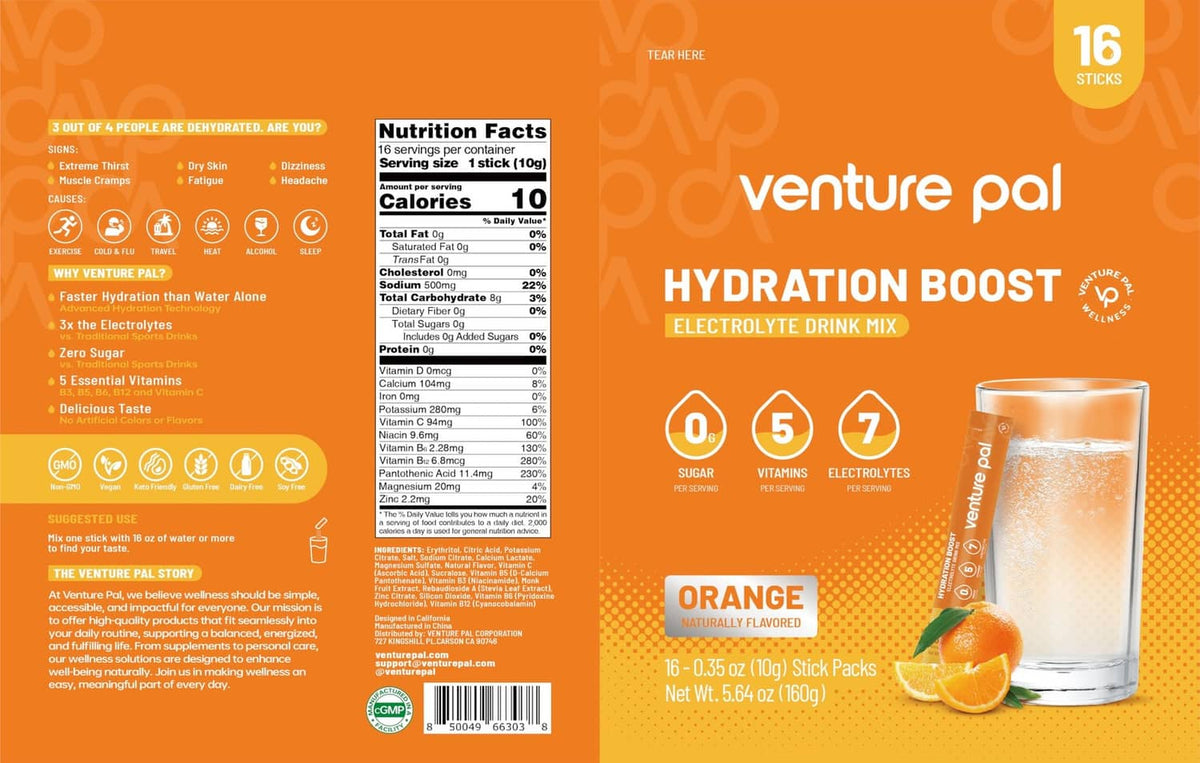 Orange hydration boost electrolyte drink mix pouch with nutrition panel and glass
