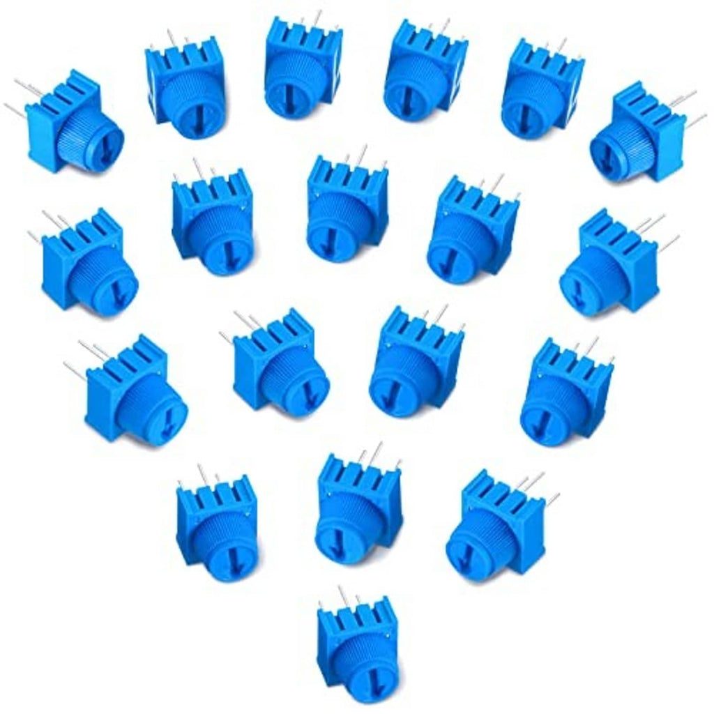 Set of blue adjustable potentiometers with knobs and three-pin leads