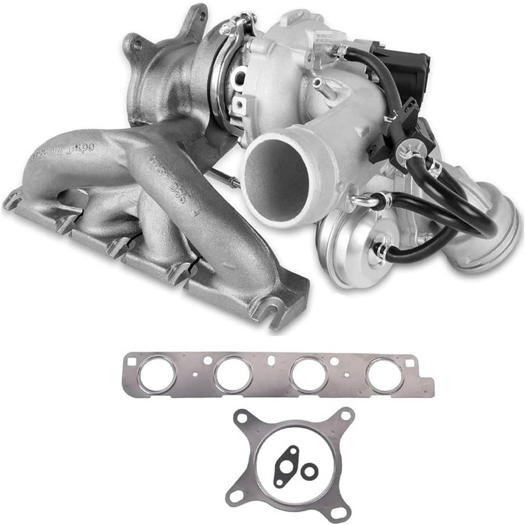 Turbocharger assembly with silver intake housing, black cable, and included gasket plate